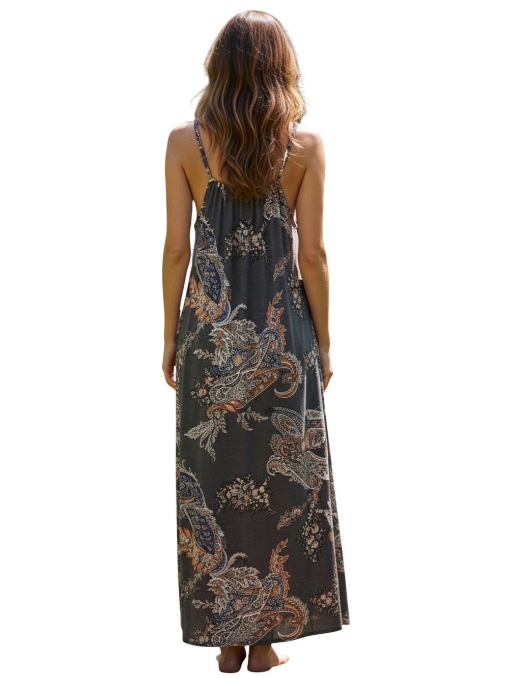 Casual Boho Style Paisley Halter Maxi in Charcoal, Rust and Cream. Size L - Picture 2 of 8